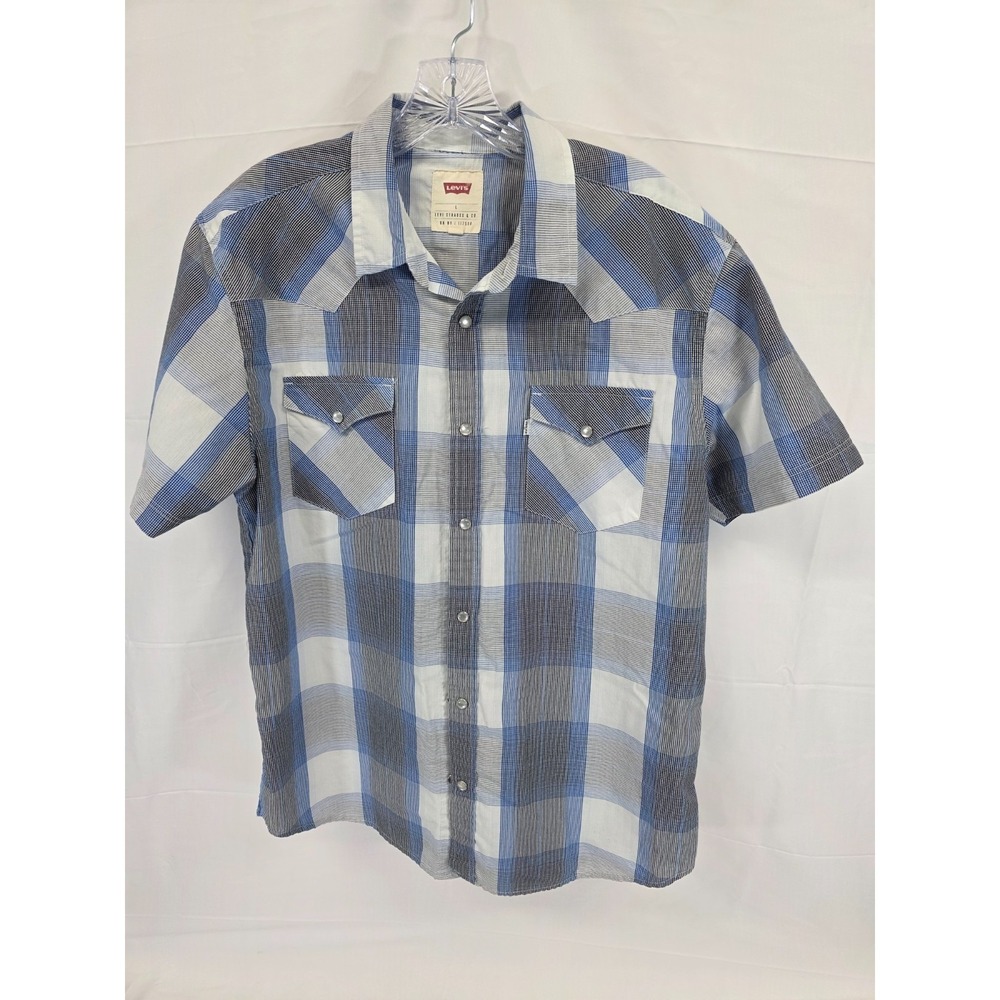 Levi Strauss Mens Blue Plaid Short Sleeve Pearl Snap Western Shirt L 3LYSW5952